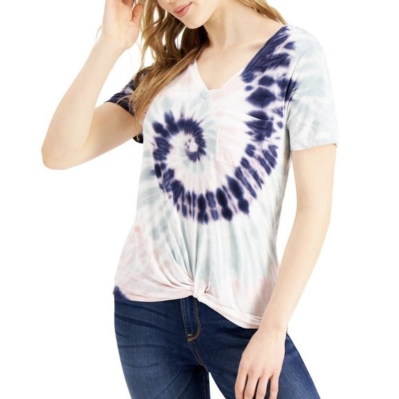 Self Esteem Juniors' Twist Knot Pocket Tie Dye Swirl TShirt Pink Mint Blue - Picture 1 of 5